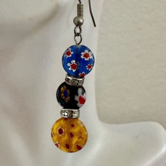 Millefiori Murano Glass  Multi-Colored Round Dangle Earrings - Picture 7 of 8